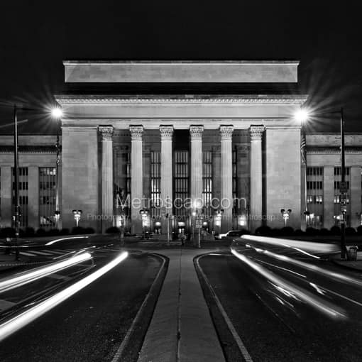Matte Black MDF Framed Black and White Philadelphia Photograph: 30th Street Station at Night in a Square Matte Black MDF Frame