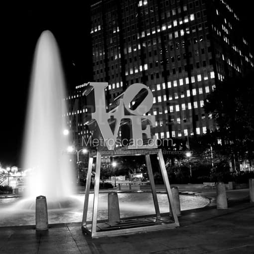 Matte Black MDF Framed Black and White Philadelphia Photograph: The LOVE Sculpture in Love Park in a Square Matte Black MDF Frame