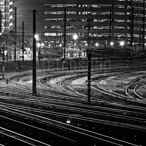 Matte Black MDF Framed Black and White Philadelphia Photograph: Train Tracks Feed 30th Street Station in a Square Matte Black MDF Frame