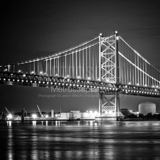 Matte Black MDF Framed Black and White Philadelphia Photograph: Cranes along the Delaware River under the Benjamin Franklin Bridge in a Square Matte Black MDF Frame