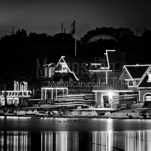 Matte Black MDF Framed Black and White Philadelphia Photograph: Part of Boathouse Row at Night in a Square Matte Black MDF Frame