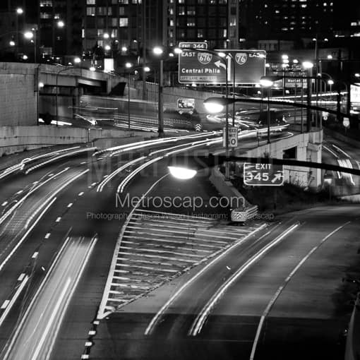 Matte Black MDF Framed Black and White Philadelphia Photograph: The Central Philadelphia Exit on I-76 in Center City in a Square Matte Black MDF Frame