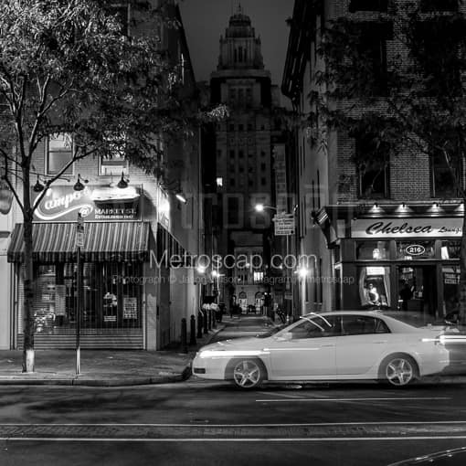 Matte Black MDF Framed Black and White Philadelphia Photograph: The Chelsea Lounge at Market and Strawberry Street in a Square Matte Black MDF Frame