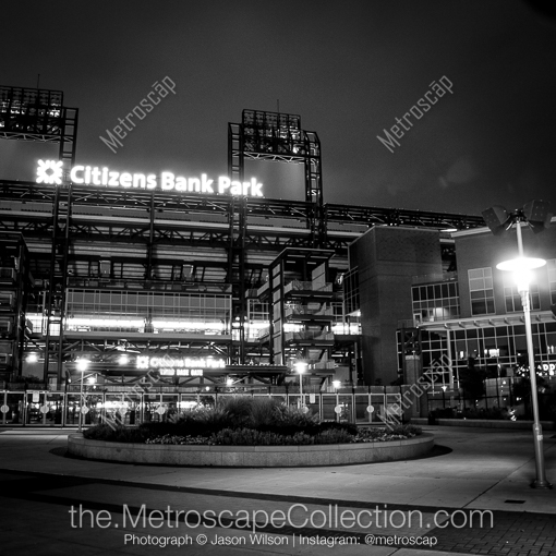 Matte Black MDF Framed Black and White Philadelphia Photograph: Citizens Bank Park Third Base Gate in a Square Matte Black MDF Frame