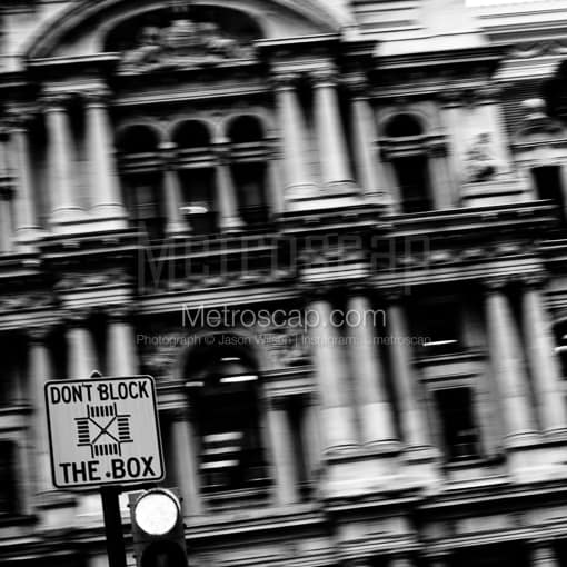 Matte Black MDF Framed Black and White Philadelphia Photograph: Dont Block the Box Sign in front of Philadelphia City Hall in a Square Matte Black MDF Frame