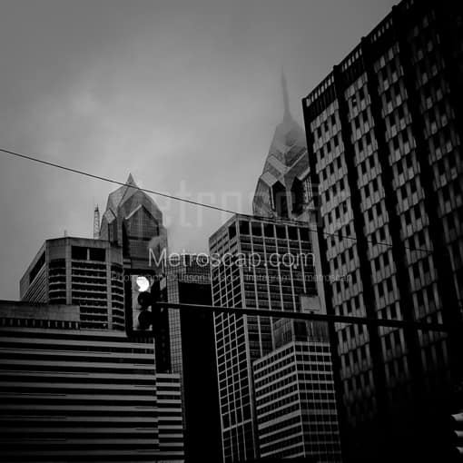 Matte Black MDF Framed Black and White Philadelphia Photograph: A Foggy Philadelphia Cityscape in a Square Matte Black MDF Frame