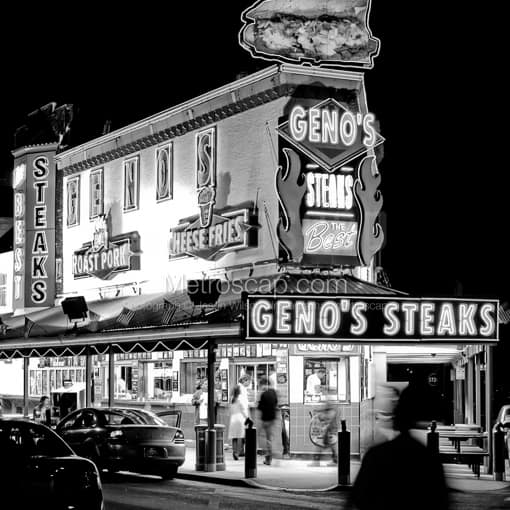 Matte Black MDF Framed Black and White Philadelphia Photograph: Joey Ventos Iconic Genos Steaks in a Square Matte Black MDF Frame