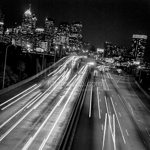 Matte Black MDF Framed Black and White Philadelphia Photograph: Interstate Cuts Through the Heart of Downtown Philadelphia in a Square Matte Black MDF Frame