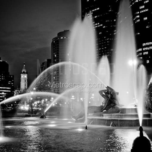 Matte Black MDF Framed Black and White Philadelphia Photograph: Logan Square Fountain in a Square Matte Black MDF Frame