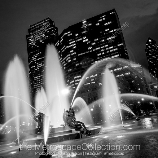 Matte Black MDF Framed Black and White Philadelphia Photograph: The Swann Fountain in Logan Square in a Square Matte Black MDF Frame