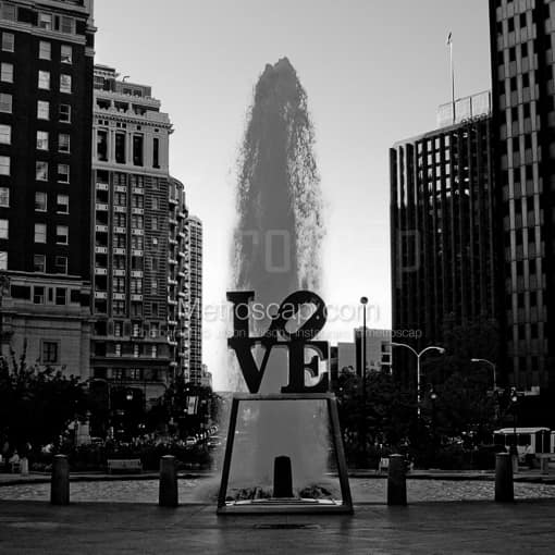 Matte Black MDF Framed Black and White Philadelphia Photograph: A Dusk View of the Love Sculpture in Philadelphia in a Square Matte Black MDF Frame