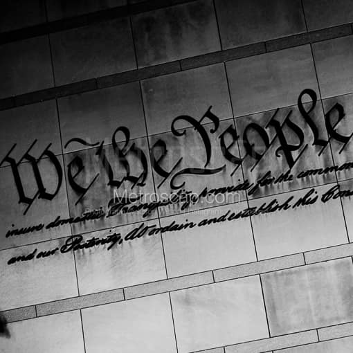 Matte Black MDF Framed Black and White Philadelphia Photograph: The National Constitution Center in a Square Matte Black MDF Frame
