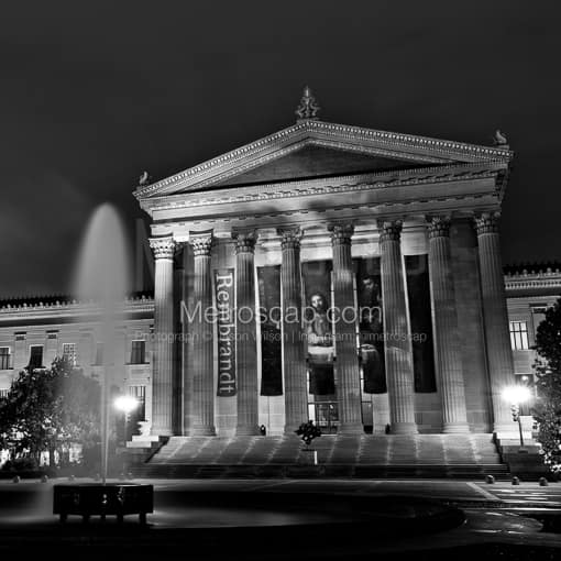 Matte Black MDF Framed Black and White Philadelphia Photograph: The Philadelphia Art Museum at Night in a Square Matte Black MDF Frame