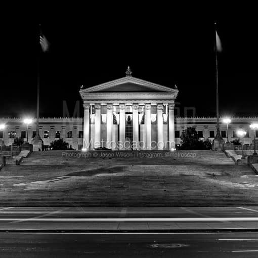 Matte Black MDF Framed Black and White Philadelphia Photograph: The Steps of the Philadelphia Art Museum in a Square Matte Black MDF Frame