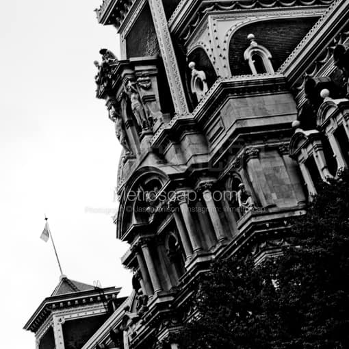 Matte Black MDF Framed Black and White Philadelphia Photograph: Architectural Detail of Philadelphia City Hall in a Square Matte Black MDF Frame