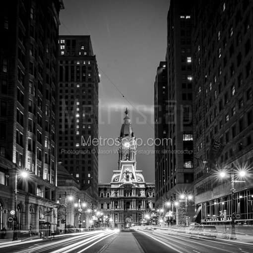 Matte Black MDF Framed Black and White Philadelphia Photograph: Philadelphia City Hall from Broad Street in a Square Matte Black MDF Frame
