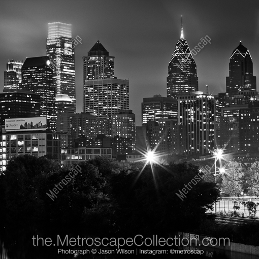 Matte Black MDF Framed Black and White Philadelphia Photograph: The Eastern Philadelphia Skyline with Liberty Place and Comcast in a Square Matte Black MDF Frame
