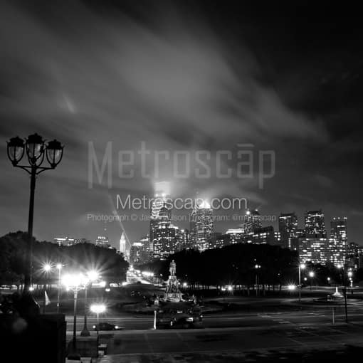 Matte Black MDF Framed Black and White Philadelphia Photograph: The NEW Philadelphia Skyline from the Art Museum in a Square Matte Black MDF Frame