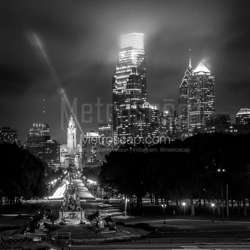 Matte Black MDF Framed Black and White Philadelphia Photograph: The NEW Philadelphia Skyline with Comcast Tower from the Art Museum in a Square Matte Black MDF Frame