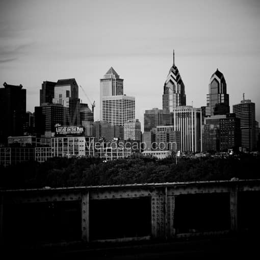 Matte Black MDF Framed Black and White Philadelphia Photograph: The Philadelphia Skyline from the South Street Bridge in a Square Matte Black MDF Frame