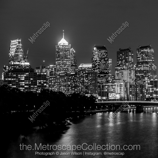 Matte Black MDF Framed Black and White Philadelphia Photograph: The Philadelphia Skyline on the Banks of the Schuylkill River in a Square Matte Black MDF Frame