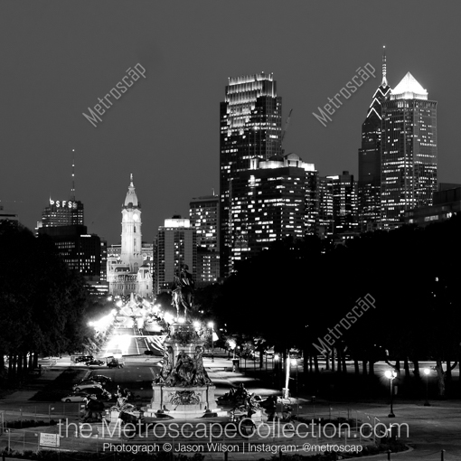 Matte Black MDF Framed Black and White Philadelphia Photograph: The Philadelphia Skyline from the Art Museum in a Square Matte Black MDF Frame