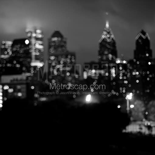 Matte Black MDF Framed Black and White Philadelphia Photograph: The Philly Skyline Out of Focus in a Square Matte Black MDF Frame