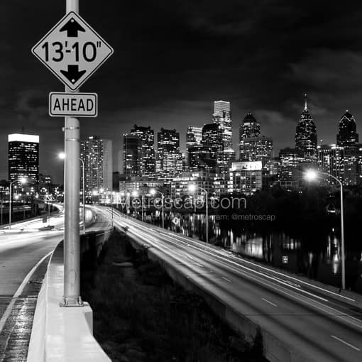 Matte Black MDF Framed Black and White Philadelphia Photograph: The NEW Philly Skyline over Interstate 76 Northbound in a Square Matte Black MDF Frame