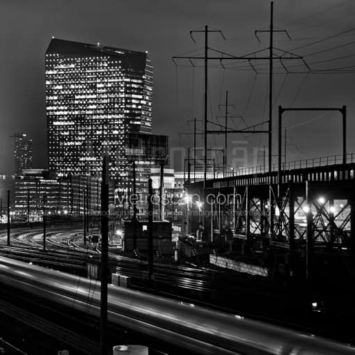 Matte Black MDF Framed Black and White Philadelphia Photograph: A Train Pulling into the Philadelphia 30th Street Station in a Square Matte Black MDF Frame