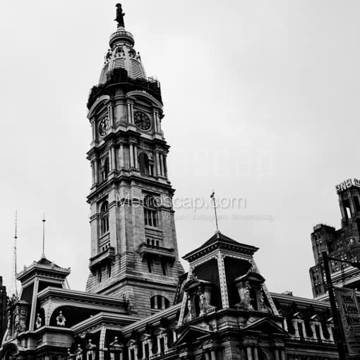 Matte Black MDF Framed Black and White Philadelphia Photograph: The William Penn Statue atop Philadelphia City Hall in a Square Matte Black MDF Frame