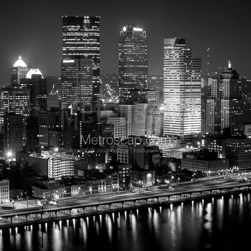 Matte Black MDF Framed Black and White Pittsburgh Photograph: The Eastern Half of the Pittsburgh Skyline in a Square Matte Black MDF Frame