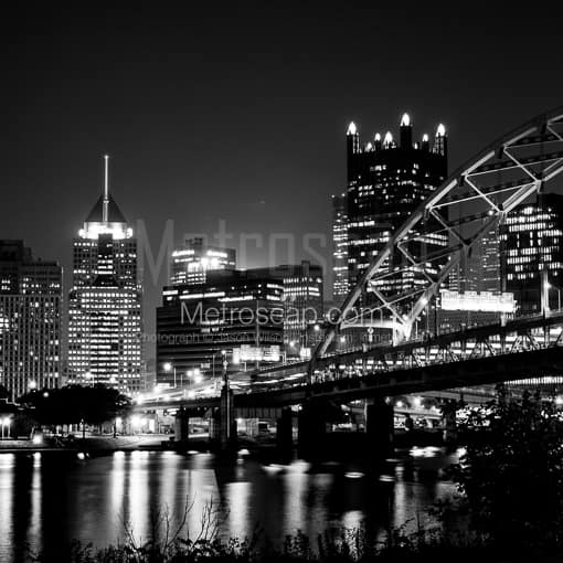 Matte Black MDF Framed Black and White Pittsburgh Photograph: The Fort Pitt Bridge and Pittsburgh Skyline over the Monongahela River in a Square Matte Black MDF Frame