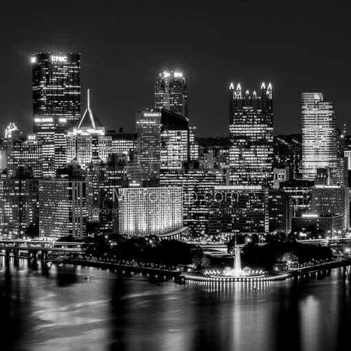 Matte Black MDF Framed Black and White Pittsburgh Photograph: The Golden Triangle view of the Pittsburgh Skyline in a Square Matte Black MDF Frame