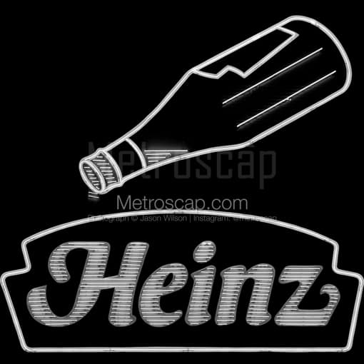 Matte Black MDF Framed Black and White Pittsburgh Photograph: Heinz Ketchup Neon Sign in a Square Matte Black MDF Frame
