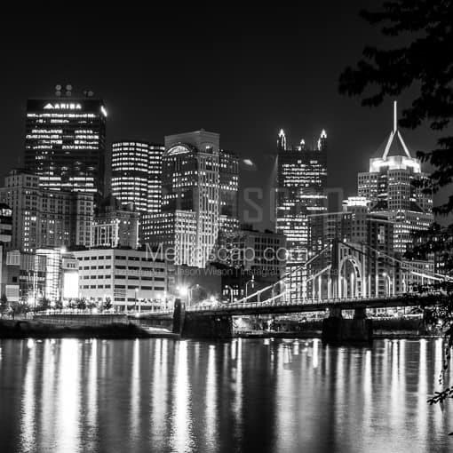 Matte Black MDF Framed Black and White Pittsburgh Photograph: The Ninth Avenue Bridge and Pittsburgh Skyline in a Square Matte Black MDF Frame