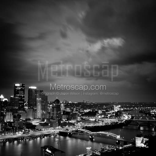 Matte Black MDF Framed Black and White Pittsburgh Photograph: The Pittsburgh Skyline along the Monongahela River in a Square Matte Black MDF Frame