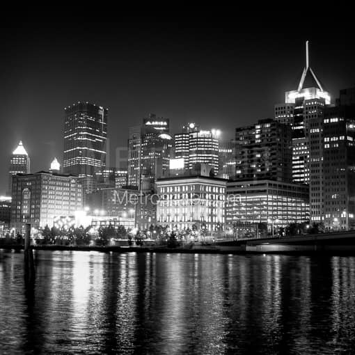 Matte Black MDF Framed Black and White Pittsburgh Photograph: The Pittsburgh Skyline from the Northshore Development in a Square Matte Black MDF Frame