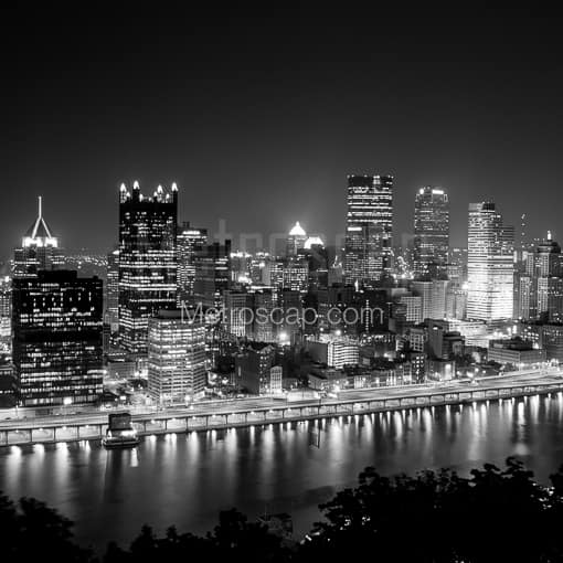 Matte Black MDF Framed Black and White Pittsburgh Photograph: The Pittsburgh Skyline from Grandview Avenue atop Mt Washington in a Square Matte Black MDF Frame