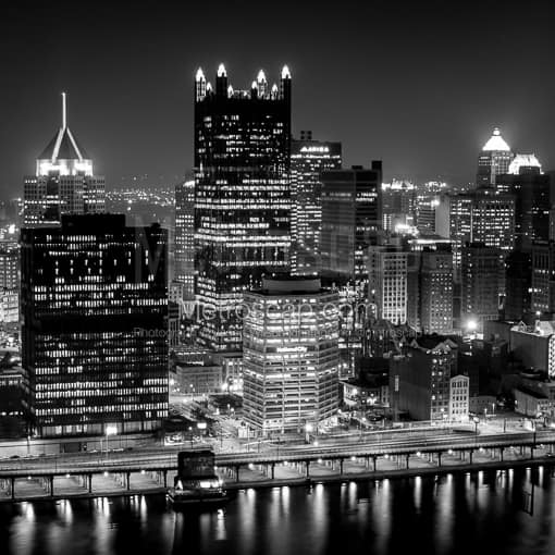 Matte Black MDF Framed Black and White Pittsburgh Photograph: The PPG Building in the Pittsburgh Skyline in a Square Matte Black MDF Frame