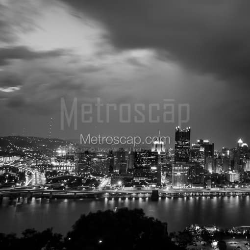 Matte Black MDF Framed Black and White Pittsburgh Photograph: Rainfall over the Pittsburgh Skyline in a Square Matte Black MDF Frame