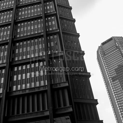 Matte Black MDF Framed Black and White Pittsburgh Photograph: The Steel Beams of the U.S. Steel Building in a Square Matte Black MDF Frame