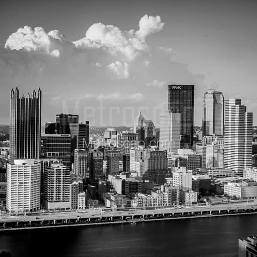 Matte Black MDF Framed Black and White Pittsburgh Photograph: A Thunderhead Over Downtown Pittsburgh in a Square Matte Black MDF Frame