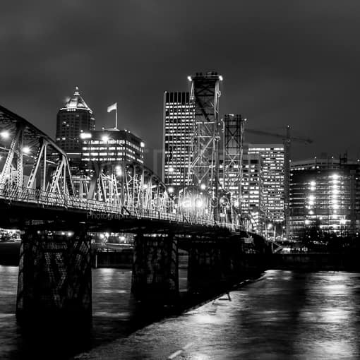 Matte Black MDF Framed Black and White Portland Photograph: The Hawthorne Street Bridge in a Square Matte Black MDF Frame