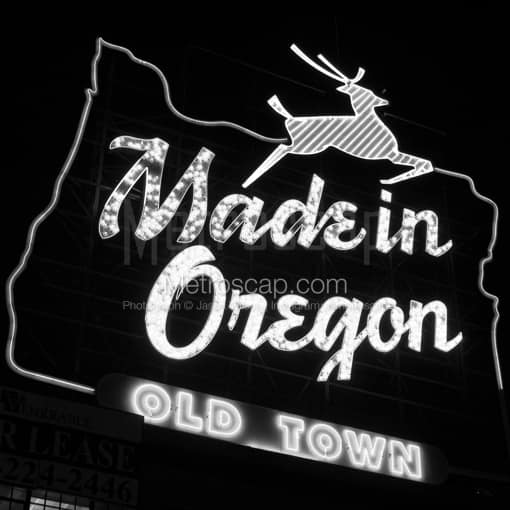 Matte Black MDF Framed Black and White Portland Photograph: The Made in Oregon Neon Sign in a Square Matte Black MDF Frame