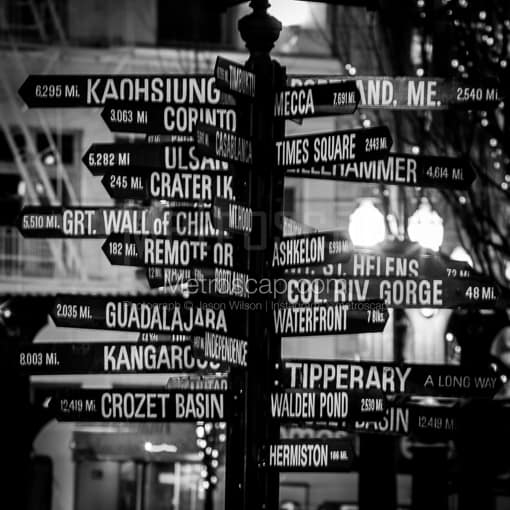 Matte Black MDF Framed Black and White Portland Photograph: Mileage Post in Pioneer Square in a Square Matte Black MDF Frame