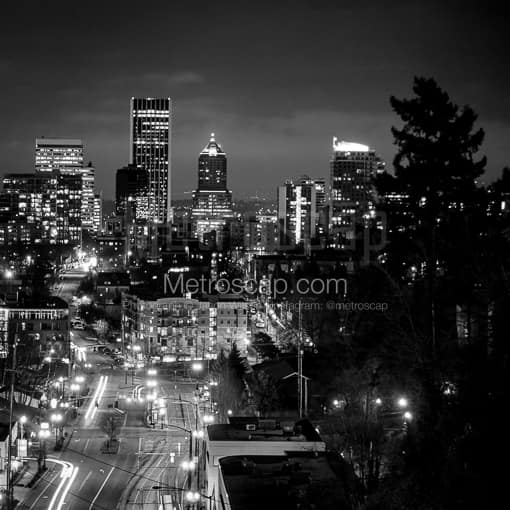 Matte Black MDF Framed Black and White Portland Photograph: The Portland Skyline from Vista Avenue at Night in a Square Matte Black MDF Frame