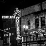 Portland Outdoor Store Neon Sign Black and White Square Portland Outdoor Store Neon Sign black and white