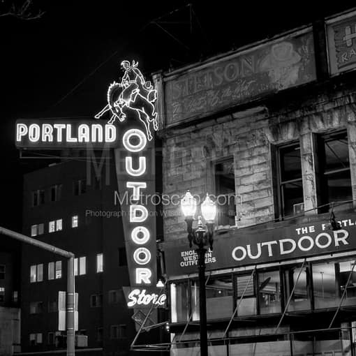 Matte Black MDF Framed Black and White Portland Photograph: The Portland Outdoor Store Neon Sign in a Square Matte Black MDF Frame