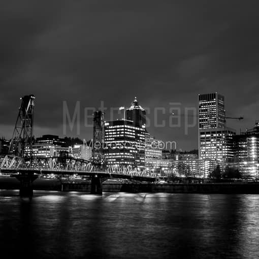 Matte Black MDF Framed Black and White Portland Photograph: The Portland Skyline from the Eastbank Esplande in a Square Matte Black MDF Frame