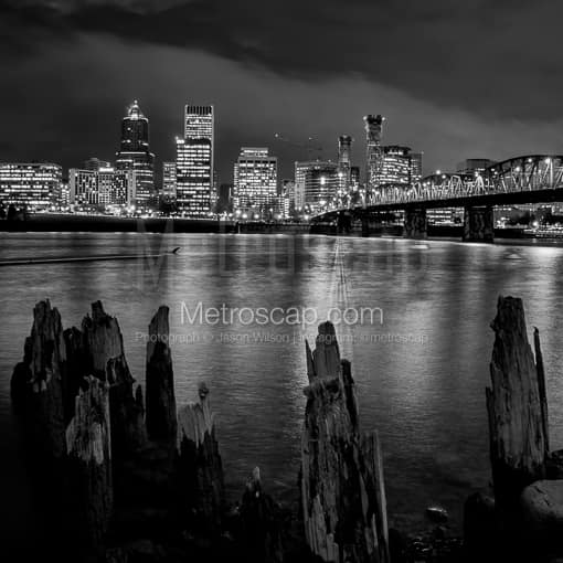 Matte Black MDF Framed Black and White Portland Photograph: The Portland Skyline from the Muddy Banks of the Willamette River in a Square Matte Black MDF Frame